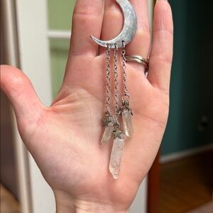 Silver Crescent Moon Pendant with real quartz Crystal Charms